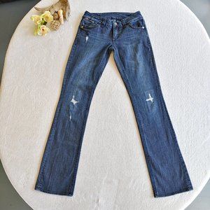 Buffalo Blue Distressed Beaded Mid Rise Stretch Boot Cut Jeans (26)
